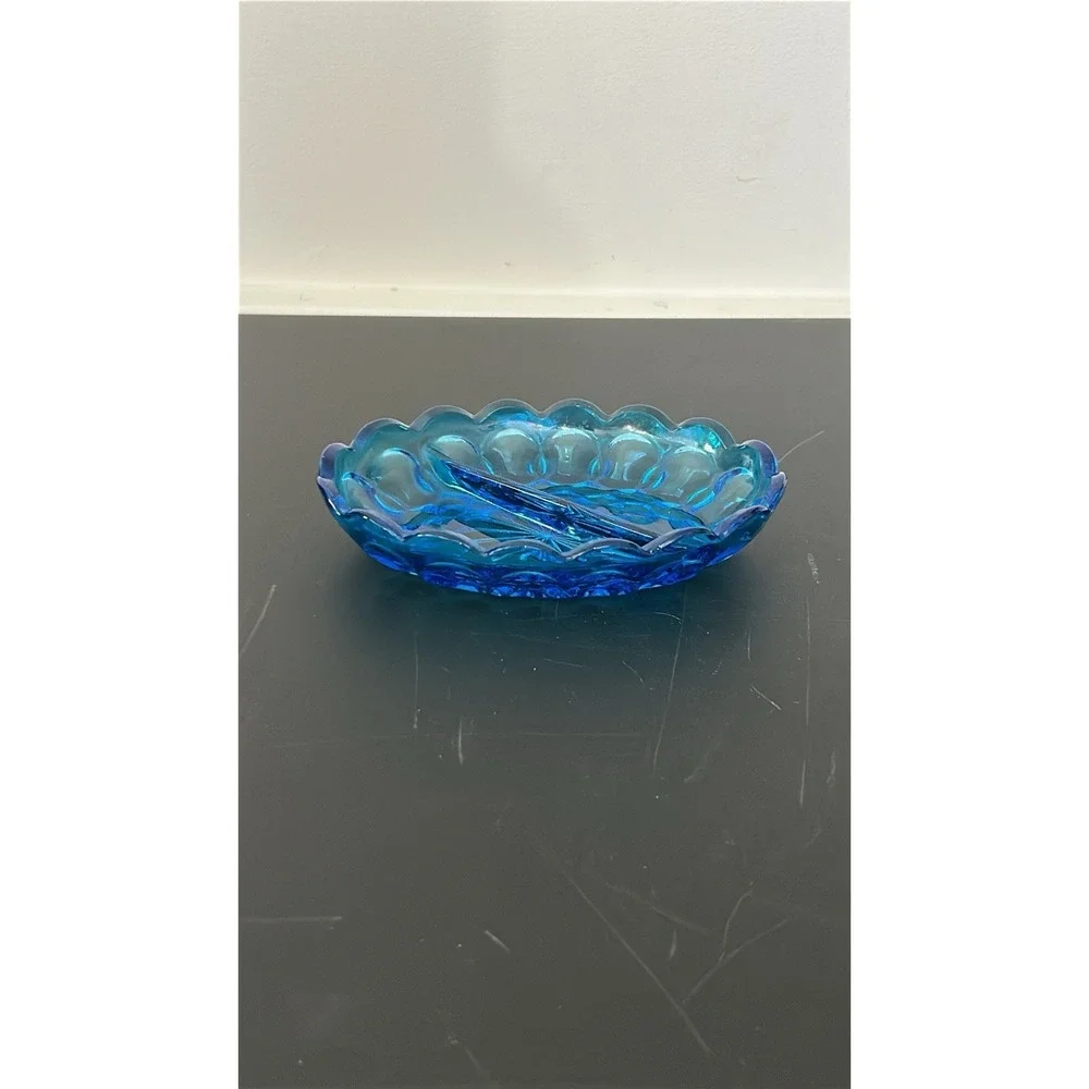 Vintage‎ Indiana Glass Kings Crown Teal Blue Divided Oval Candy Dish